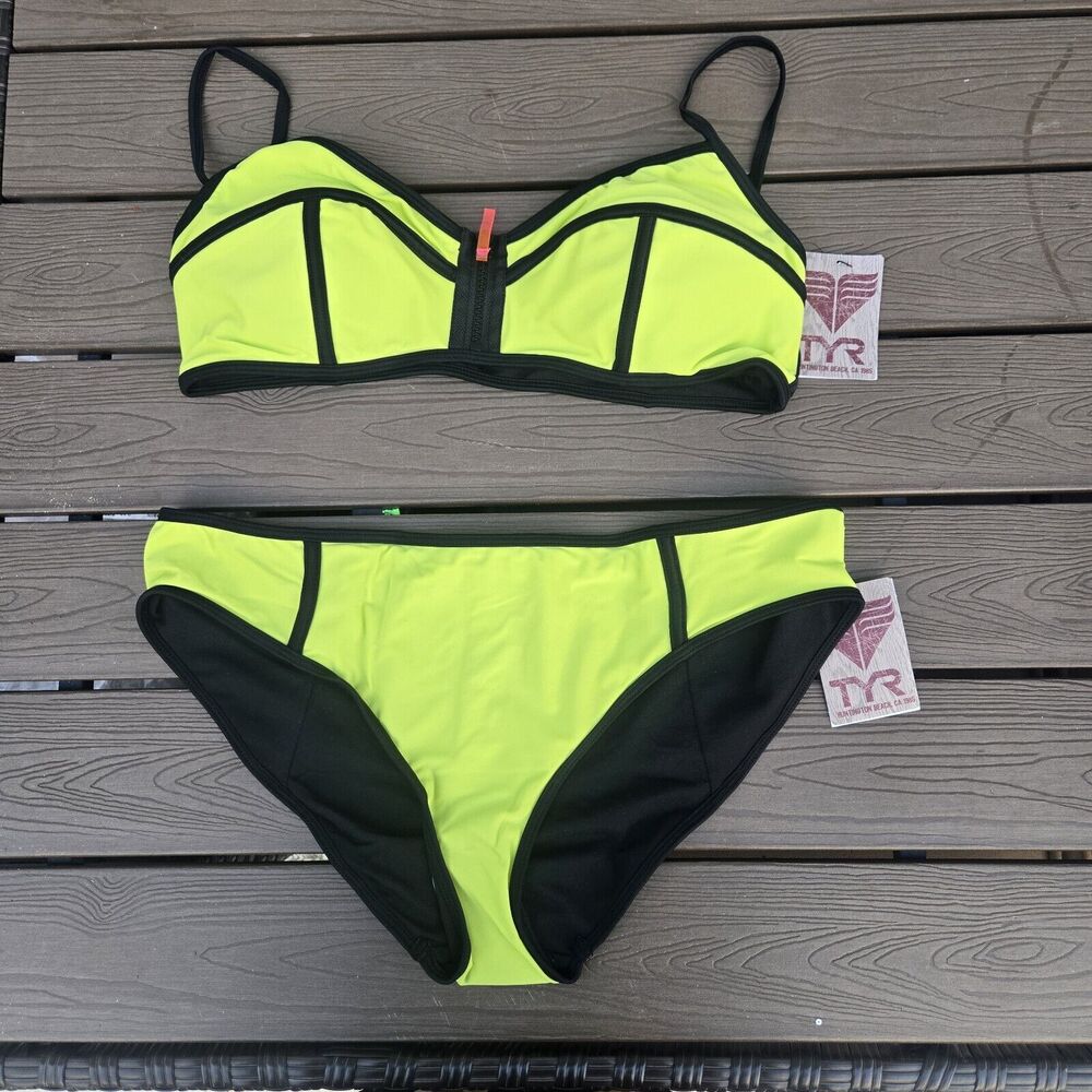 TYR Flirt Zipper Lingerie Underwire Bra & Classic Bottom Bikini Neon SZ XL NEW